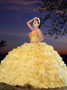 Noble Ruffled Ball Gowns Quinceanera Dresses Gold Sweetheart Organza Sleeveless Floor Length Lace Up