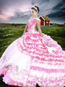 One Shoulder Ruffled Floor Length Ball Gowns Sleeveless Pink And White Sweet 16 Dress Lace Up