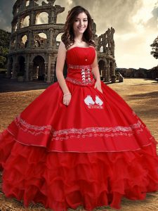 Red Ball Gowns Strapless Sleeveless Organza and Taffeta Floor Length Lace Up Embroidery and Ruffled Layers Sweet 16 Dres