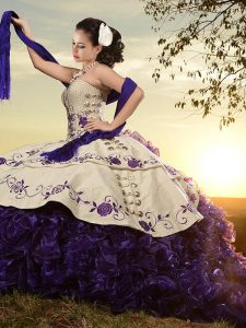 White And Purple Organza and Taffeta Lace Up Quince Ball Gowns Sleeveless With Brush Train Embroidery and Ruffles