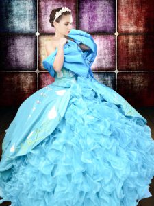 Perfect Baby Blue Lace Up Quinceanera Gowns Embroidery and Ruffles Sleeveless Floor Length