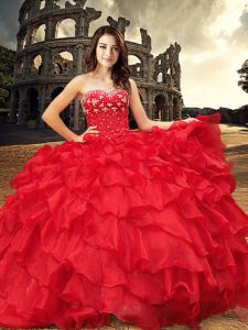 Hot Sale Red Ball Gowns Organza Sweetheart Sleeveless Beading and Ruffles Floor Length Lace Up Sweet 16 Dresses