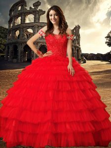 Fashionable Red Ball Gowns Off The Shoulder Sleeveless Tulle With Train Chapel Train Lace Up Beading and Ruffled Layers 