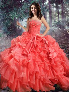 Coral Red Lace Up Strapless Beading and Ruffles Vestidos de Quinceanera Organza Sleeveless