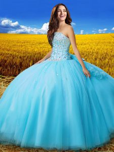 Ball Gowns Quinceanera Gown Aqua Blue Strapless Tulle Sleeveless Floor Length Lace Up