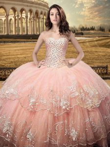 Decent Beading and Embroidery 15 Quinceanera Dress Peach Lace Up Sleeveless Floor Length