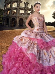 With Train Lace Up Ball Gown Prom Dress Pink And White for Military Ball and Sweet 16 and Quinceanera with Embroidery an