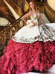 Cheap White and Red Ball Gowns Organza and Taffeta Sweetheart Sleeveless Embroidery and Ruffles With Train Lace Up Quinc