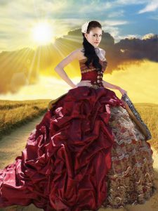 Beading and Ruffled Layers and Pick Ups Quinceanera Dress Burgundy Lace Up Sleeveless With Train Court Train