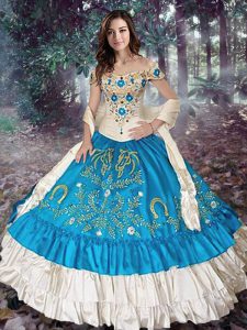 Off the Shoulder Cap Sleeves Taffeta Lace Up Vestidos de Quinceanera in Teal with Embroidery and Ruffled Layers