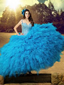 Straps Baby Blue Tulle Lace Up Sweet 16 Dress Sleeveless Floor Length Beading and Ruffles