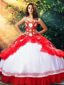 White And Red Ball Gowns Sweetheart Sleeveless Organza and Taffeta Floor Length Lace Up Embroidery and Ruffles Quinceane