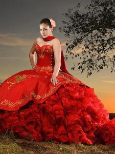 Red Lace Up Sweetheart Embroidery and Ruffles 15th Birthday Dress Organza and Taffeta Sleeveless Brush Train
