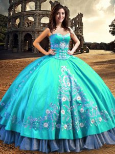 Hot Sale Embroidery Floor Length Ball Gowns Sleeveless Aqua Blue Sweet 16 Dress Lace Up