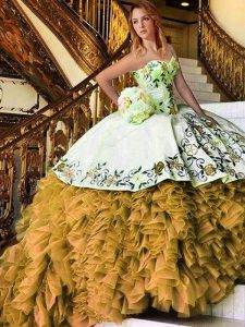 Appliques and Embroidery Quinceanera Gowns Yellow And White Lace Up Sleeveless Floor Length