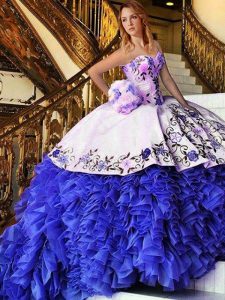 Enchanting Blue And White Organza Lace Up Sweetheart Sleeveless Floor Length 15th Birthday Dress Appliques and Embroider