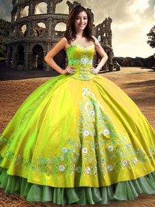 Fantastic One Shoulder Yellow Green Sleeveless Floor Length Lace and Embroidery Lace Up Quinceanera Dress