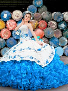 Custom Fit Blue And White Lace Up Halter Top Appliques and Embroidery and Ruffles Ball Gown Prom Dress Organza Sleeveles