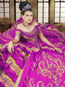 Off the Shoulder Floor Length Purple Sweet 16 Quinceanera Dress Satin Sleeveless Embroidery