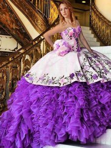 White And Purple Organza Lace Up Sweetheart Sleeveless Floor Length Ball Gown Prom Dress Appliques and Embroidery