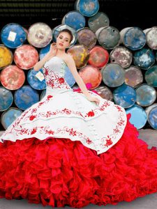 Edgy White And Red Ball Gowns Organza Sweetheart Sleeveless Appliques and Embroidery and Ruffles Floor Length Lace Up Qu