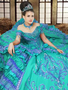 Off the Shoulder Embroidery Sweet 16 Dresses Turquoise Lace Up Sleeveless Floor Length