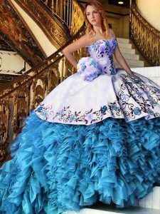 Sleeveless Floor Length Appliques and Embroidery and Ruffles Lace Up Sweet 16 Dresses with Baby Blue