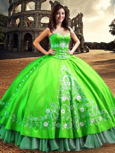 Pretty Off the Shoulder Sleeveless Satin Floor Length Lace Up Quince Ball Gowns in with Lace and Embroidery