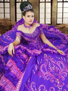Exceptional Off the Shoulder Lavender Sleeveless Embroidery Floor Length Quinceanera Dress