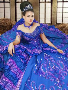 Stunning Off the Shoulder Royal Blue Sleeveless Floor Length Embroidery Lace Up Quinceanera Dress
