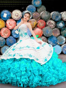 New Style Sleeveless Organza Floor Length Lace Up 15 Quinceanera Dress in Blue And White with Appliques and Embroidery a