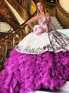 Floor Length Pink And White Quinceanera Dresses Organza Sleeveless Appliques and Embroidery