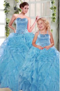 Dazzling Aqua Blue Sleeveless Floor Length Beading and Ruffles Lace Up 15th Birthday Dress