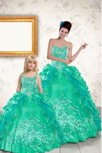 Turquoise Taffeta Lace Up Vestidos de Quinceanera Sleeveless Floor Length Beading and Embroidery and Pick Ups