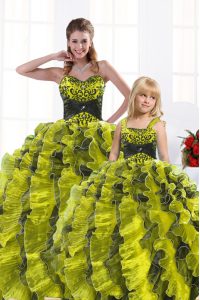 Yellow Green Sweetheart Neckline Beading and Appliques and Ruffles Vestidos de Quinceanera Sleeveless Lace Up