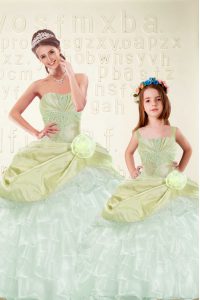 Nice Yellow Green Lace Up Sweet 16 Dresses Beading and Ruffled Layers and Hand Made Flower Sleeveless Floor Length