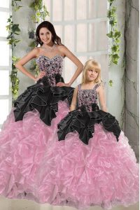 Glittering Sweetheart Sleeveless 15th Birthday Dress Floor Length Beading and Ruffles Pink And Black Organza