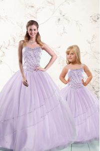 Lavender Tulle Lace Up Sweet 16 Dresses Sleeveless Floor Length Beading