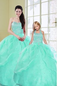 Turquoise Ball Gowns Organza Sweetheart Sleeveless Beading and Sequins Floor Length Lace Up Quinceanera Dresses
