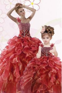 Fashion One Shoulder Sleeveless Organza Floor Length Lace Up Quinceanera Dresses in Coral Red with Beading and Ruffles