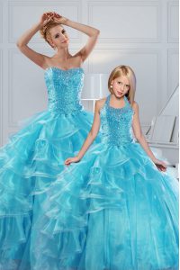 Delicate Organza Sweetheart Sleeveless Lace Up Beading and Ruffled Layers Quinceanera Dress in Aqua Blue