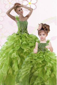One Shoulder Sleeveless Floor Length Beading and Ruffles Lace Up Sweet 16 Dress with Green
