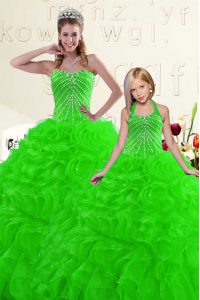 Hot Selling Green Sleeveless Organza Lace Up Quinceanera Dresses for Military Ball and Sweet 16 and Quinceanera