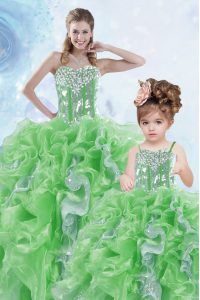 Green Ball Gowns Sweetheart Sleeveless Organza Floor Length Lace Up Beading and Ruffles and Sequins Ball Gown Prom Dress