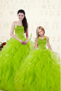 Cheap Floor Length Lace Up 15 Quinceanera Dress Yellow Green for Military Ball and Sweet 16 and Quinceanera with Beading