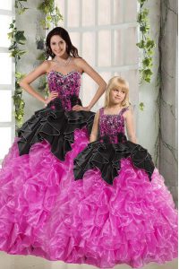 Romantic Organza Sweetheart Sleeveless Lace Up Beading and Ruffles Sweet 16 Quinceanera Dress in Pink And Black