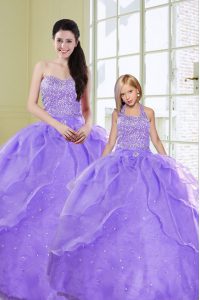 Custom Design Lavender Ball Gowns Sweetheart Sleeveless Organza Floor Length Lace Up Beading Quinceanera Gowns