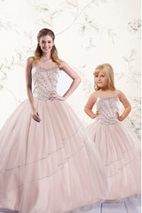 Baby Pink Ball Gowns Sweetheart Sleeveless Tulle Floor Length Lace Up Beading Vestidos de Quinceanera