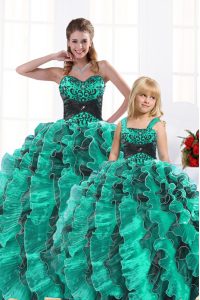 Turquoise Sweetheart Lace Up Beading and Appliques and Ruffles Quinceanera Dress Sleeveless