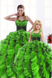 New Arrival Sweetheart Sleeveless Organza Ball Gown Prom Dress Beading and Appliques and Ruffles Lace Up